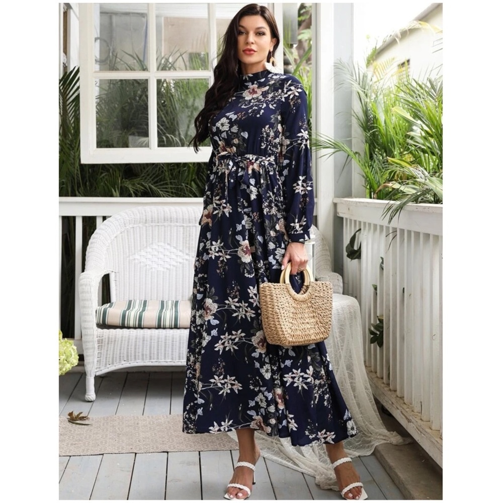 New Allover Floral Print Self-Tie Swing Maxi Dress Navy Blue Size Medium NWOT - Picture 5 of 7